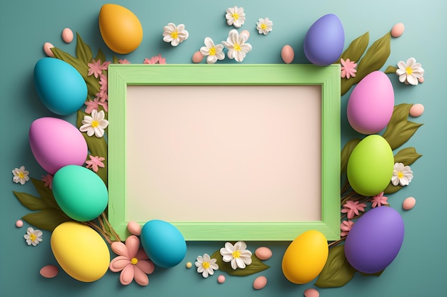 Free photo colorful easter eggs with flowers and a frame with a green border