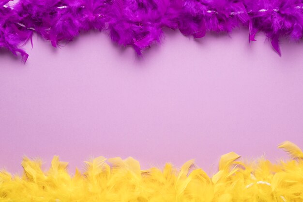 Colorful feather boas on purple background with copy space