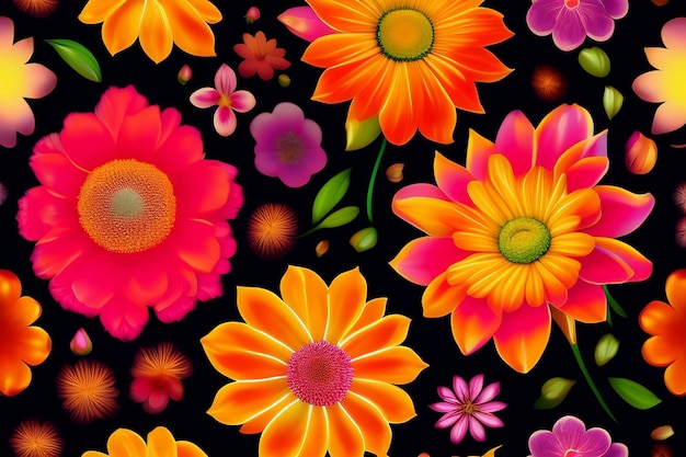 Free Photo a colorful floral pattern with orange, pink, and yellow flowers.