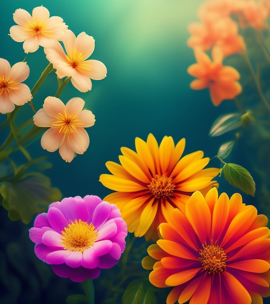 A colorful flower is in a field with a blue background.