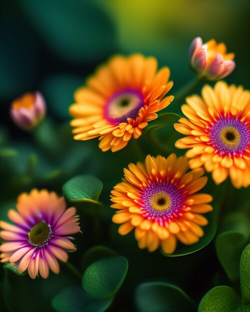 A colorful flower is in a pot with a green leaf.