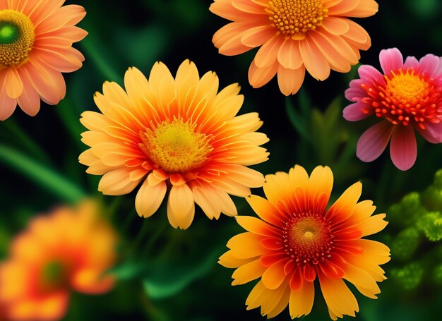 A colorful flower with a pink center is surrounded by other flowers.