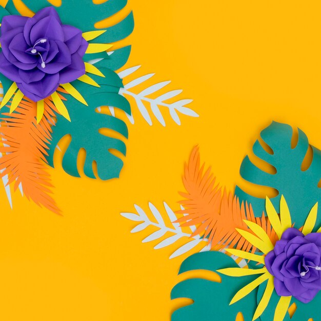 Colorful flowers and leaves in paper style