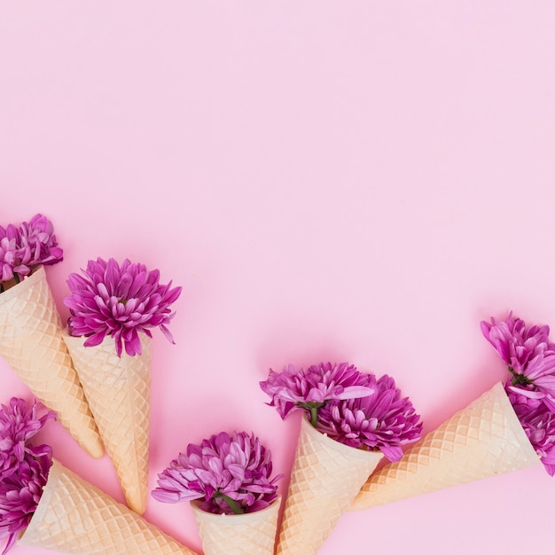 Free photo colorful flowers in waffle cones