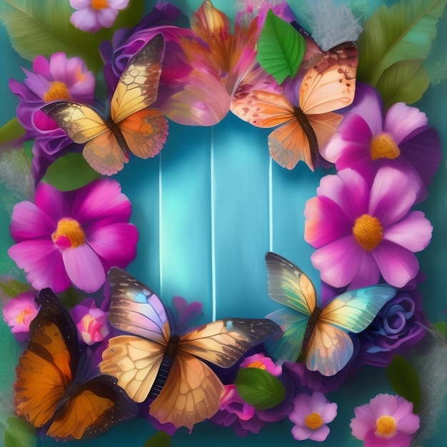 Free photo a colorful frame with butterflies on it is made of flowers and leaves