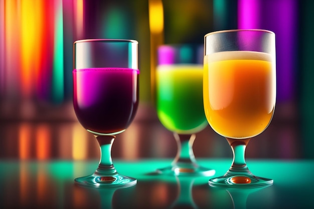 Free photo a colorful glass of juice is on a bar with a colorful background.