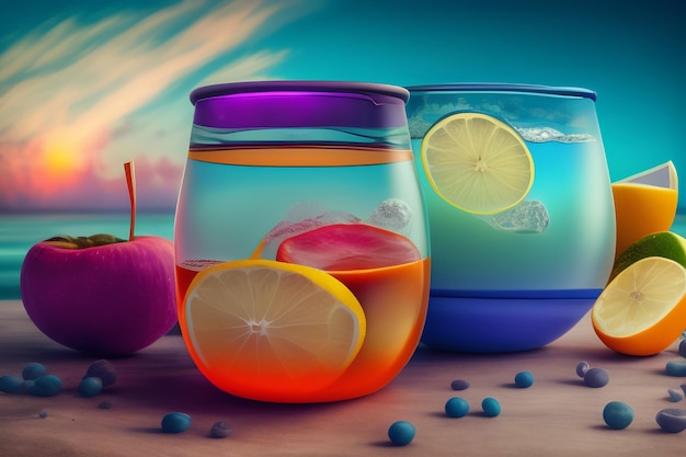 Free photo a colorful glass of juice with a blue background and a lemon slice.