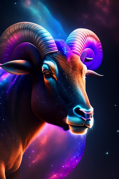 Free photo a colorful goat with a black background and a nebula in the middle.