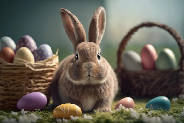 Free photo colorful happy bunny with many easter eggs on grass festive background for decorative design