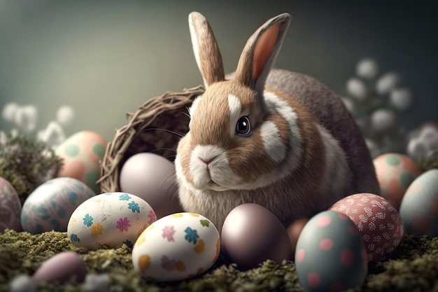 Free photo colorful happy bunny with many easter eggs on grass festive background for decorative design