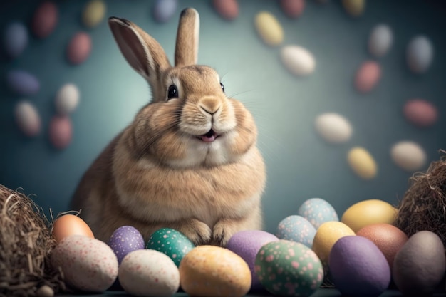 Free photo colorful happy bunny with many easter eggs on grass festive background for decorative design