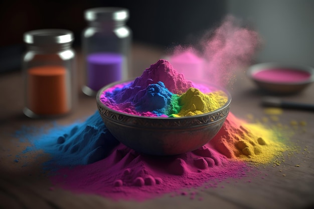 Free photo colorful holi powder in bowl on wooden table closeup on the table happy holi festival of colors art