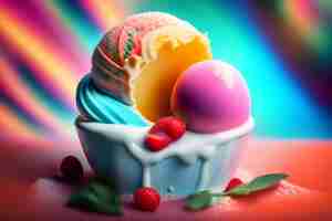 Free photo a colorful ice cream cup has a white saucer with a colorful rainbow background.