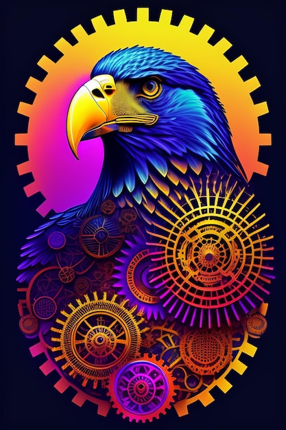 Free Photo a colorful illustration of a bird with gears and cogs.