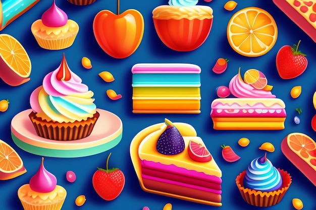 Free photo a colorful illustration of cakes and pastries with different toppings.