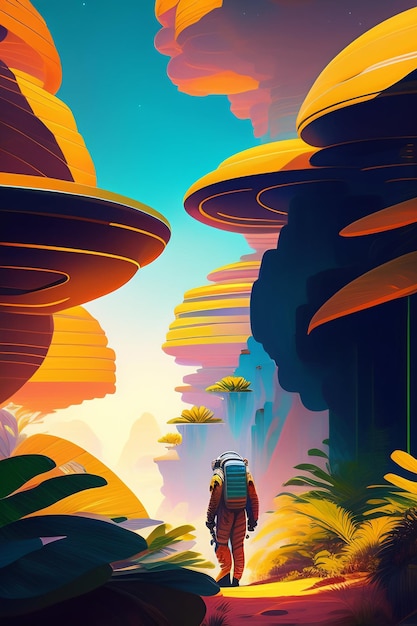 Free photo a colorful illustration of a man walking in a forest with a giant mushroom like tree.