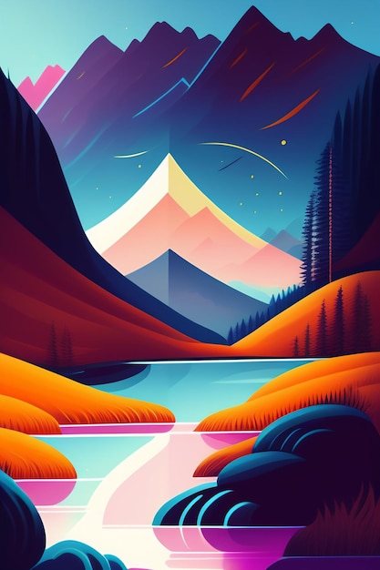 A colorful illustration of mountains and a lake.