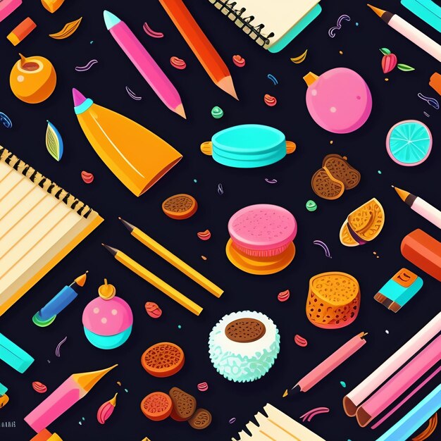 A colorful illustration of a school supplies including a pencil, a pencil, a notebook, and a pencil.