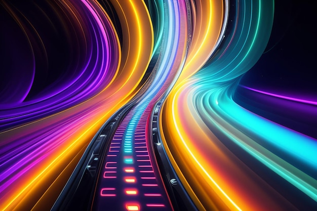 A colorful image of a road with lights on it