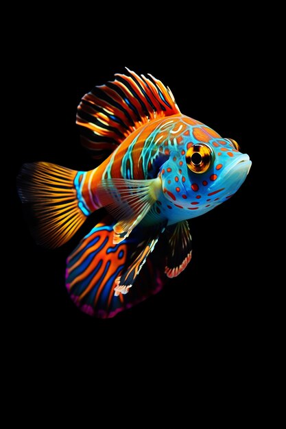 Colorful intricate patterned fish with black background