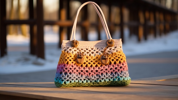 Colorful knitted bag still life