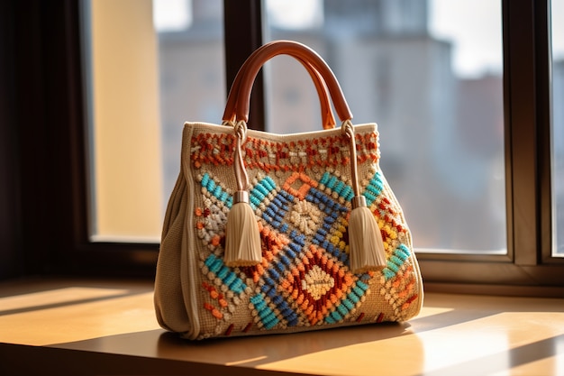 Free Photo colorful knitted bag still life