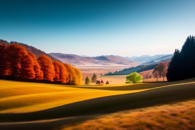 A colorful landscape with a small house in the distance.