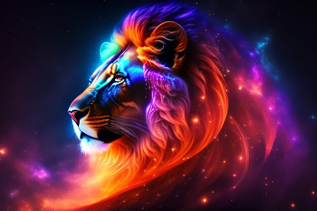 A colorful lion with a rainbow mane