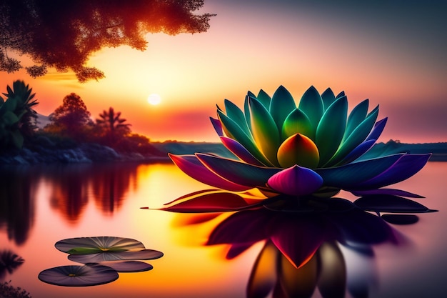 A colorful lotus flower sits on a pond with a sunset in the background.