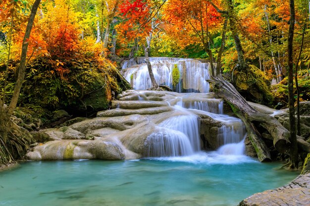 Colorful majestic waterfall in national park forest during autumn