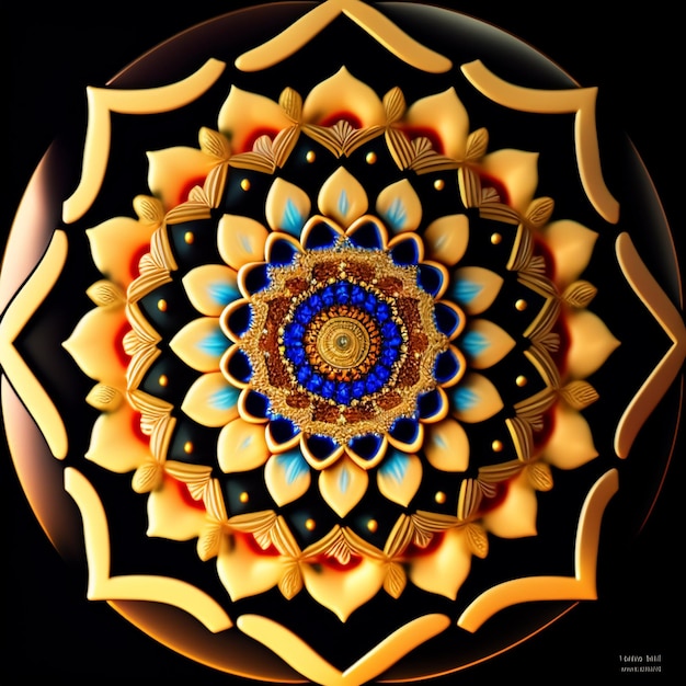 A colorful mandala with a black background and a yellow and blue design.