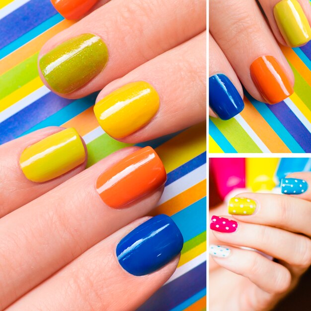 Colorful manicure on model collage