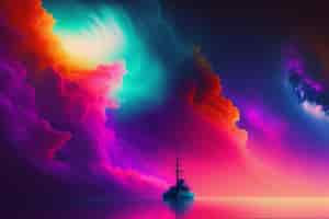 Free photo a colorful painting of a boat in the ocean with a pink and purple sky and a ship in the distance.