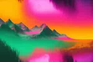 Free photo a colorful painting of mountains with a pink and green background.