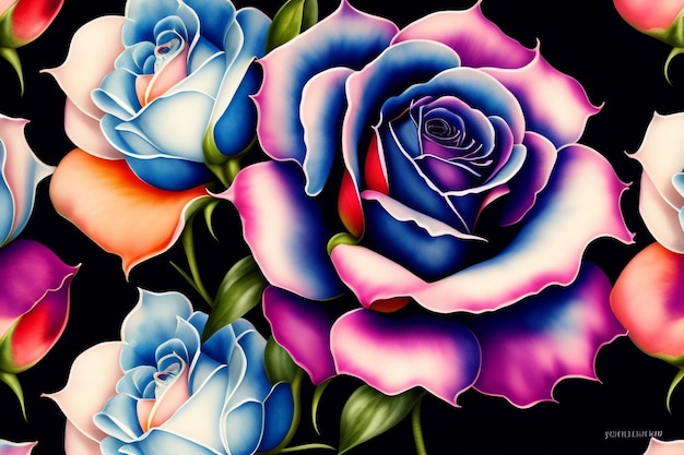 A colorful painting of roses with purple and pink leaves