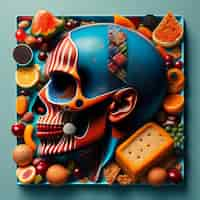 Free photo a colorful painting of a skull with a blue face and orange and red colors.