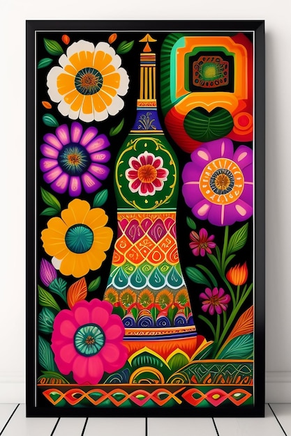 Free photo a colorful painting of a vase with flowers on it