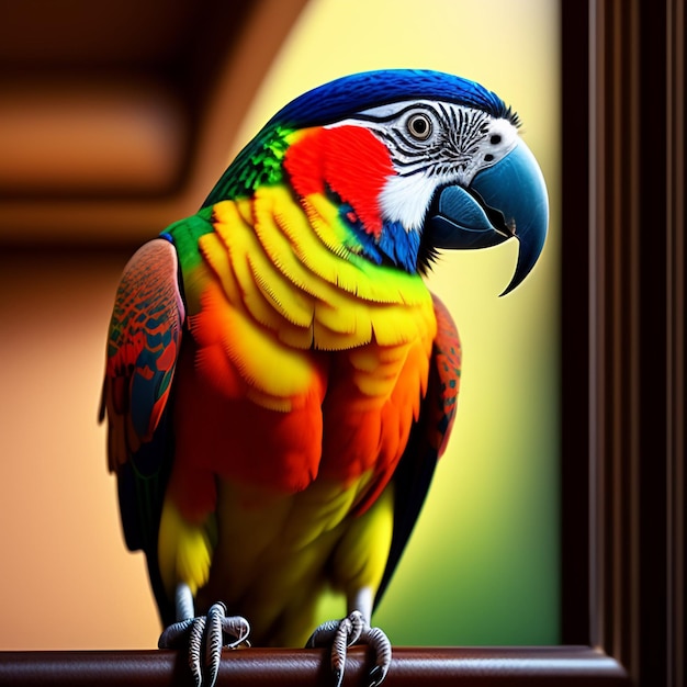 A colorful parrot is perched on a brown pole.