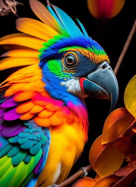 A colorful parrot with a black background and a black background.