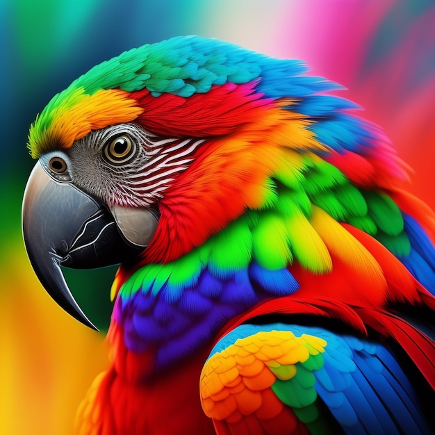 A colorful parrot with a black beak and yellow eyes.