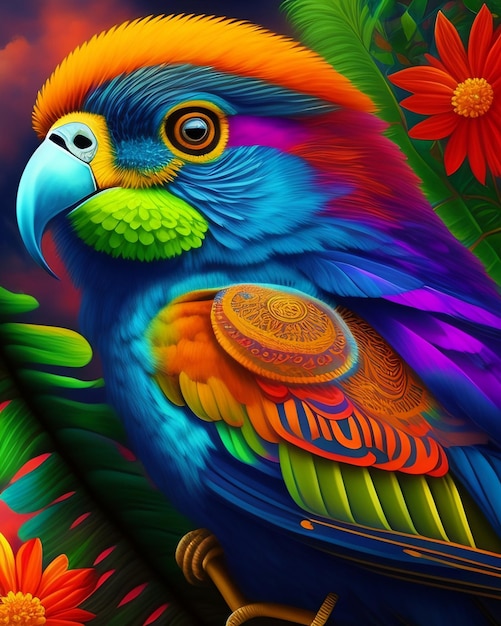 Free photo a colorful parrot with a red and yellow tail is sitting on a colorful background.