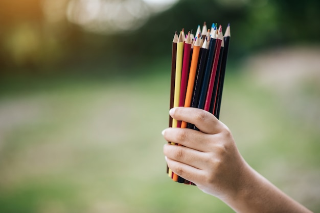 Colorful pencils in hand on green background