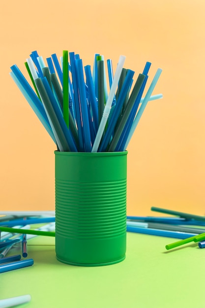 Colorful plastic straw collection in can