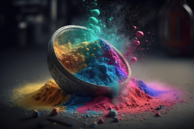 Free photo colorful powder in vessel on the table happy holi festival of colors art concept