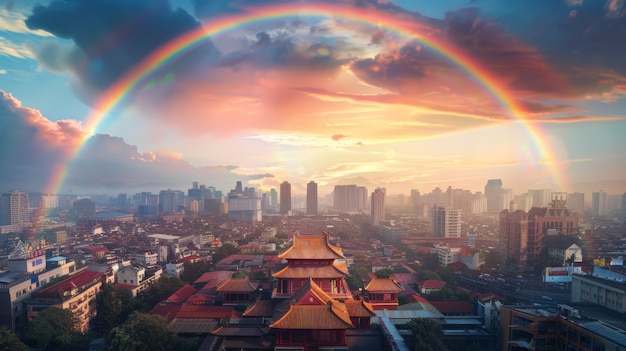 Colorful rainbow appearing on the sky over nature landscape