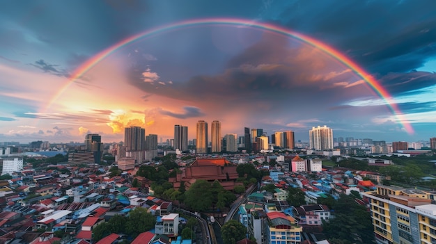 Colorful rainbow appearing on the sky over nature landscape