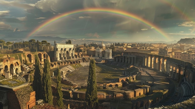 Colorful rainbow appearing on the sky over nature landscape