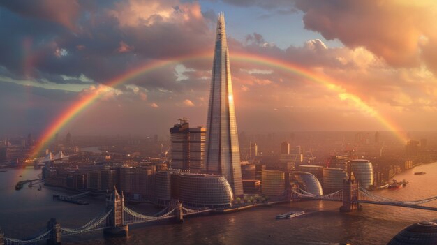 Colorful rainbow appearing on the sky over nature landscape