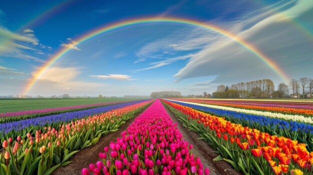 Colorful rainbow appearing on the sky over nature landscape