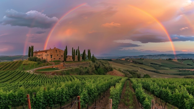 Free photo colorful rainbow appearing on the sky over nature landscape